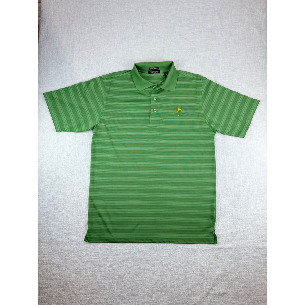 River's End John Deere Classic Green Striped Performance Polo Shirt Mens Medium
